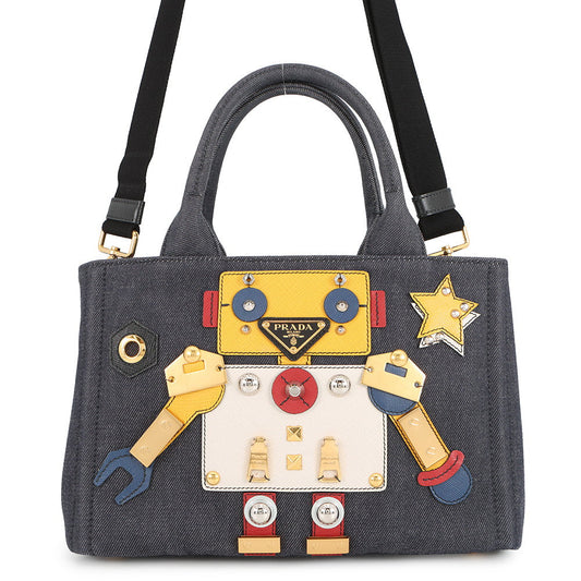 PRADA Canapa 2WAY Tote Bag Robot Navy/Multicolor1BG439 Denim