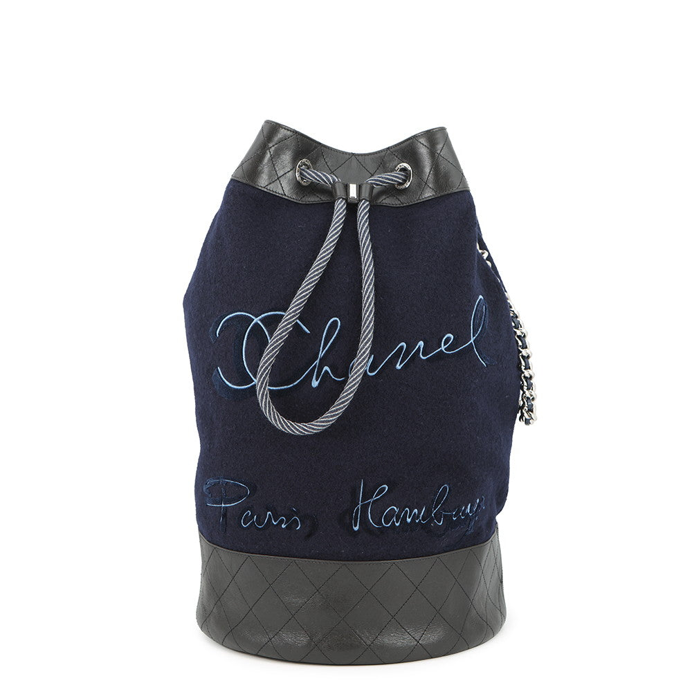 CHANEL Embroidery One Diary Drawstring Shoulder Bag Navy/BlackA57519 Wool Leather