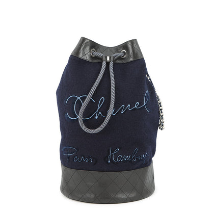 CHANEL Embroidery One Diary Drawstring Shoulder Bag Navy/BlackA57519 Wool Leather