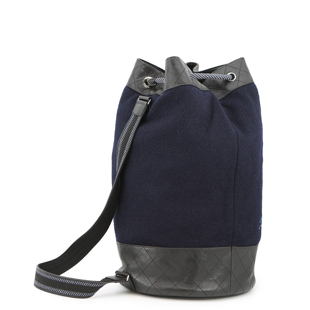CHANEL Embroidery One Diary Drawstring Shoulder Bag Navy/BlackA57519 Wool Leather