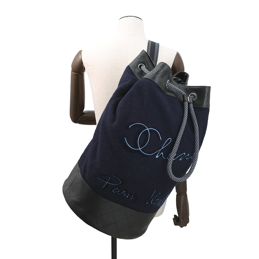 CHANEL Embroidery One Diary Drawstring Shoulder Bag Navy/BlackA57519 Wool Leather