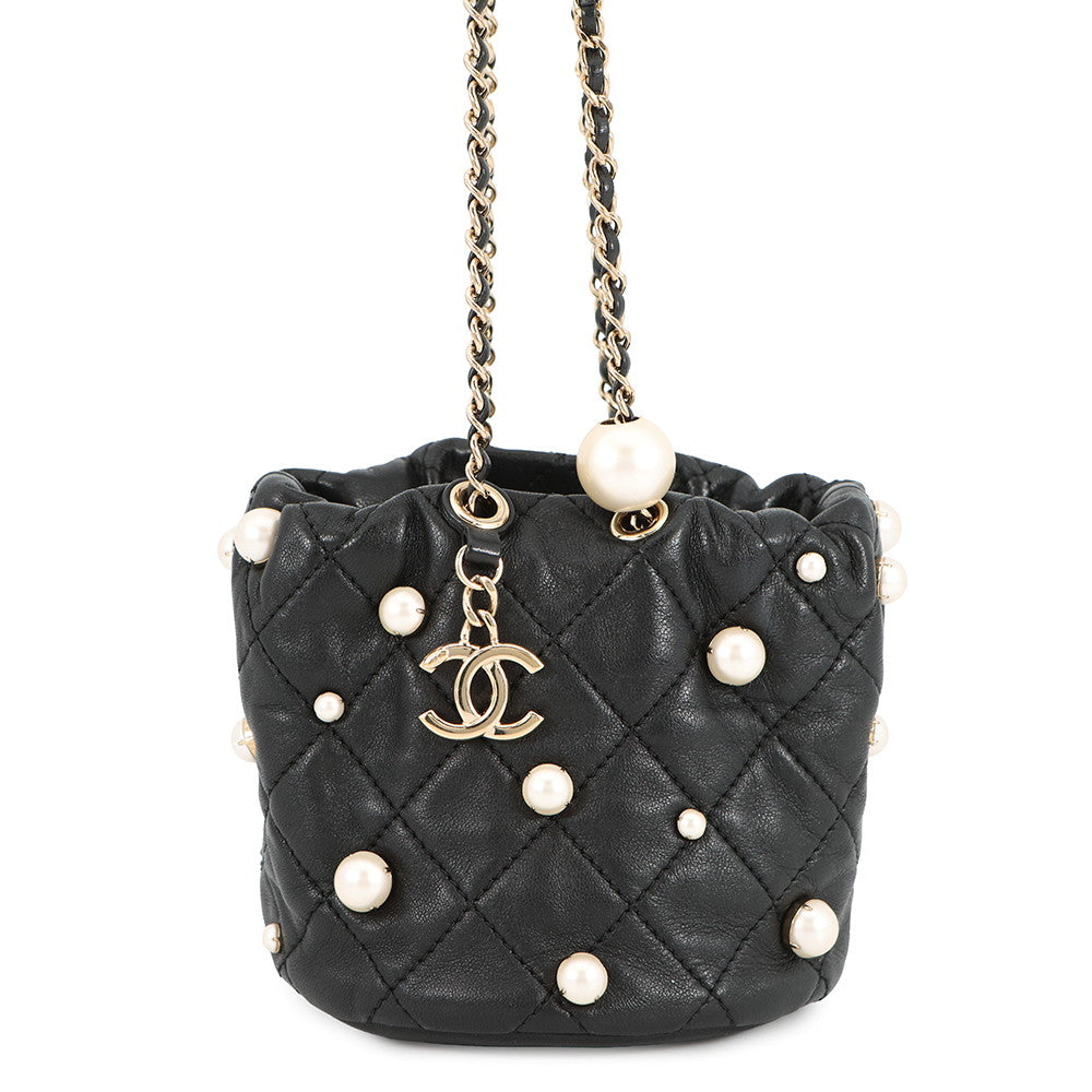 CHANEL Matelasse Drawstring BagChainShoulder BlackAS2518 Lambskin Faux Pearl