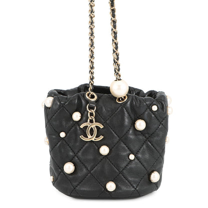 CHANEL Matelasse Drawstring BagChainShoulder BlackAS2518 Lambskin Faux Pearl