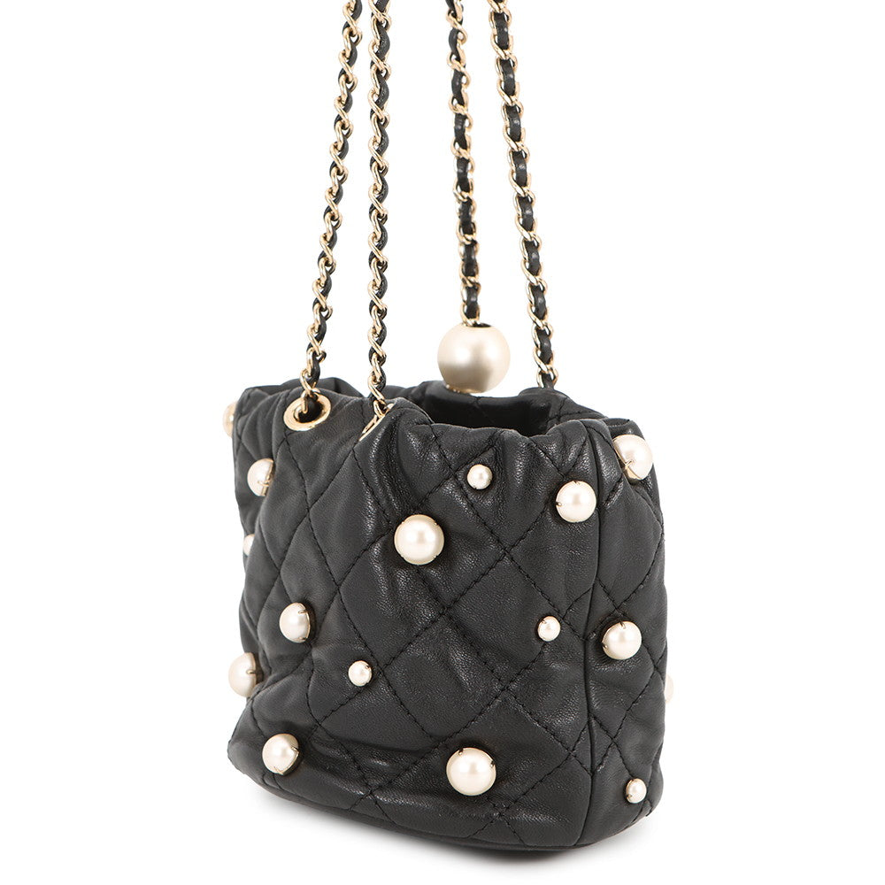 CHANEL Matelasse Drawstring BagChainShoulder BlackAS2518 Lambskin Faux Pearl