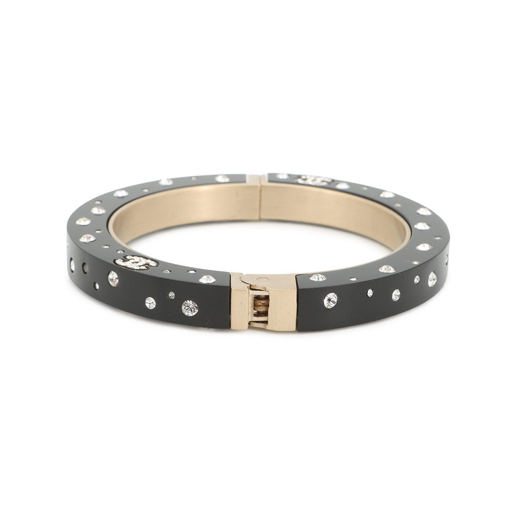 CHANEL Rhinestone Bangle Black Metal