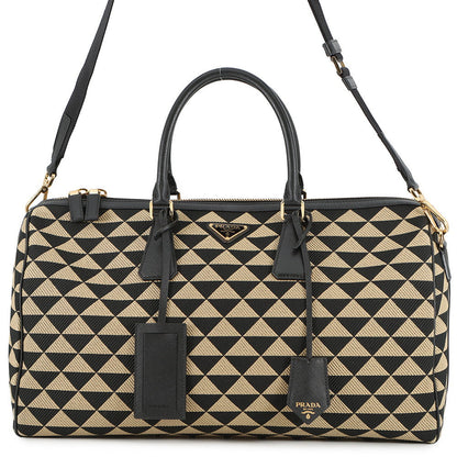 PRADA Symbol EmbroideryFabric Travel Bag Beige/Black2VC034 Canvas Saffiano LeatherLeather