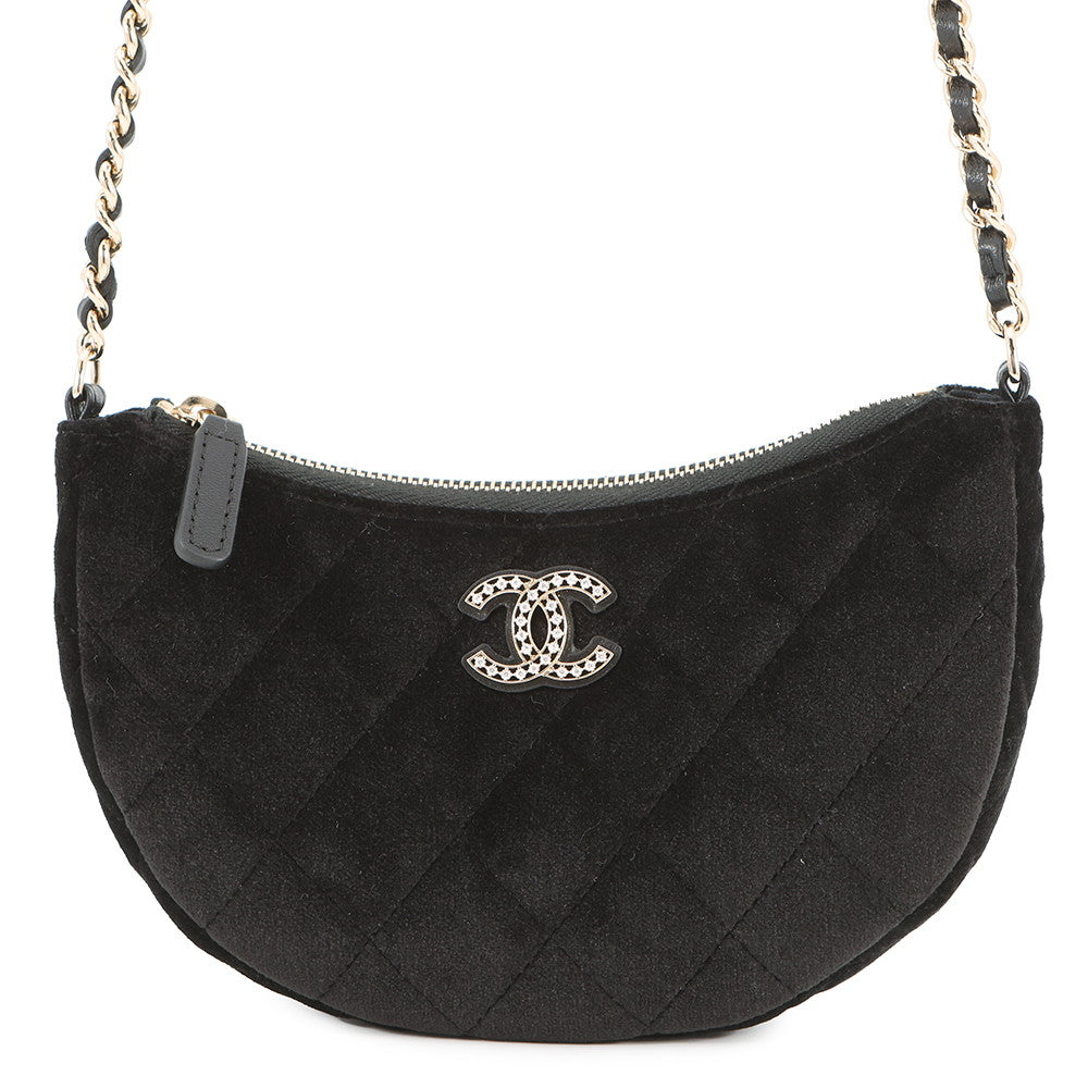 CHANEL Half Moon ChainShoulder Bag Black Velour