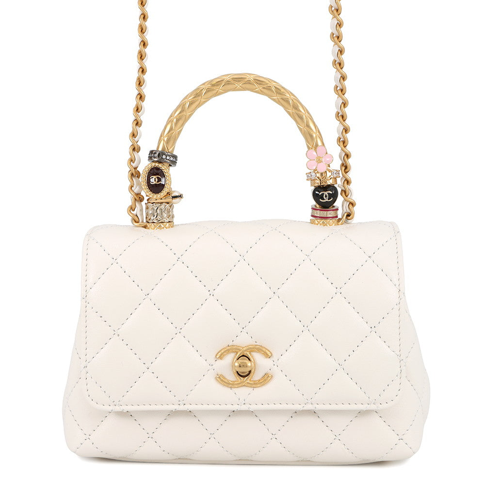 CHANEL Matelasse Coco Handle Top Handle 2-Way Handbag 2025 Model with Matelasse Design Accessories WhiteAS2215 Lambskin Size XXS