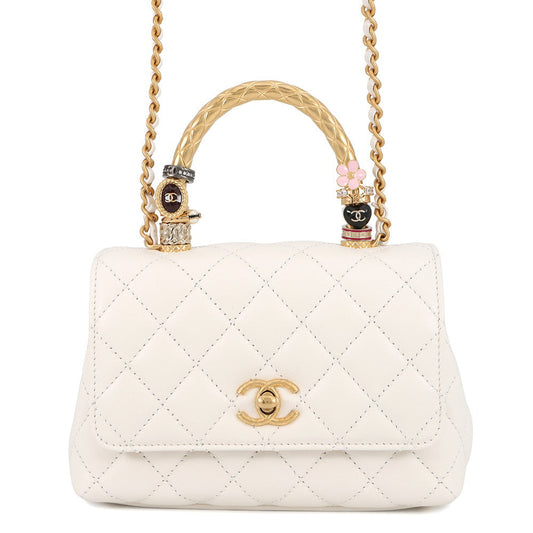CHANEL Matelasse Coco Handle Top Handle 2-Way Handbag 2025 Model with Matelasse Design Accessories WhiteAS2215 Lambskin Size XXS