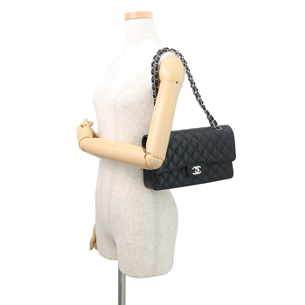 CHANEL Matelasse W Flap ChainShoulder Bag BlackA01112 Caviar Leather Size 25