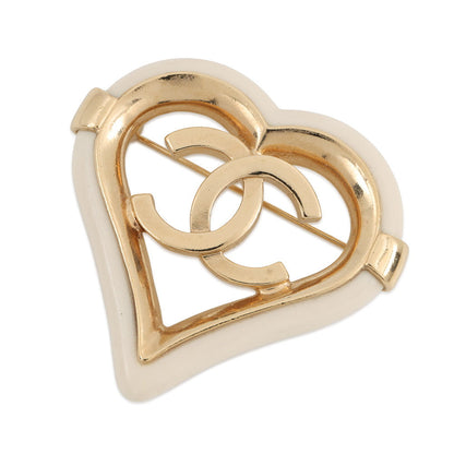 CHANEL CC Logo Heart Clover Brooch Gold/Ivory Metal Resin
