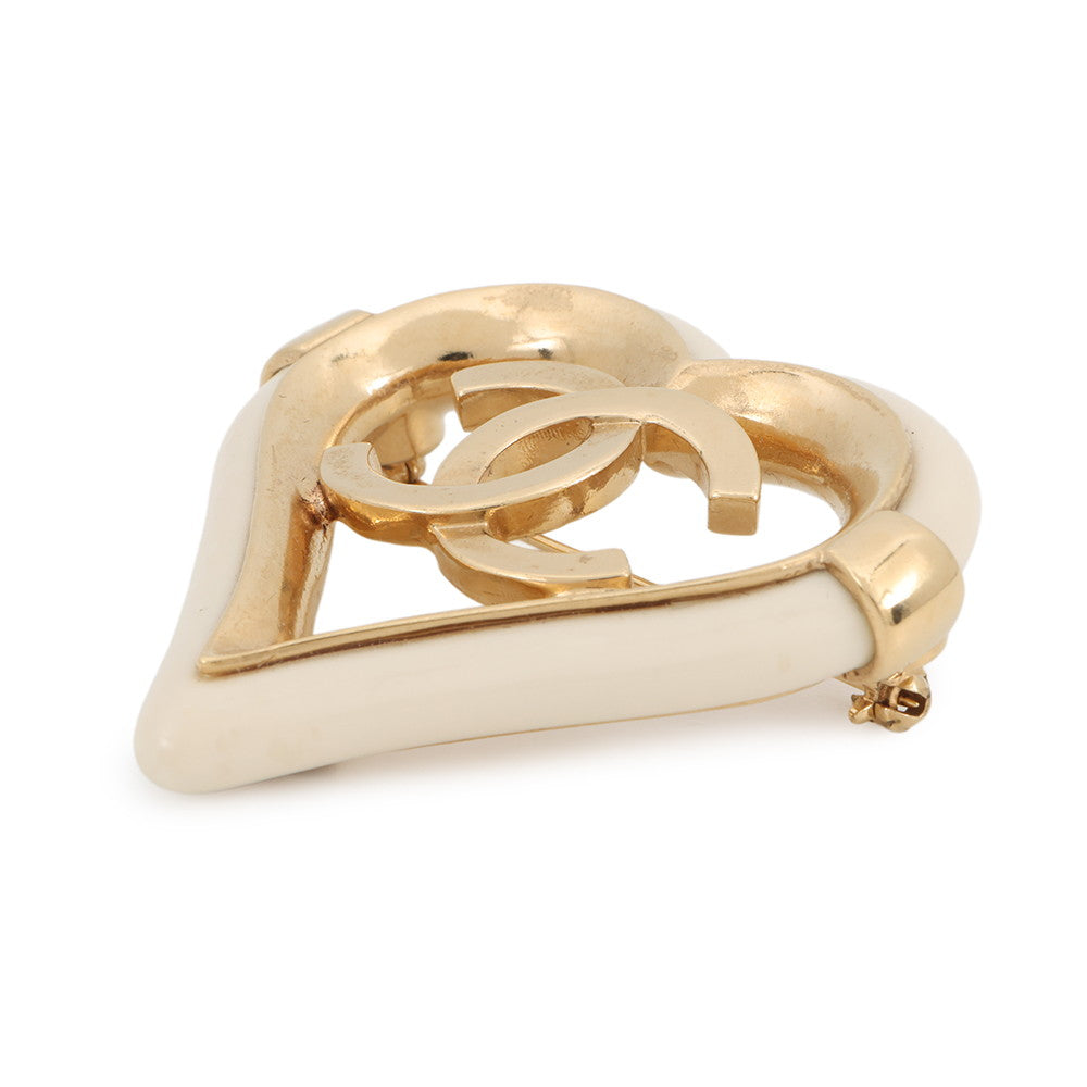 CHANEL CC Logo Heart Clover Brooch Gold/Ivory Metal Resin