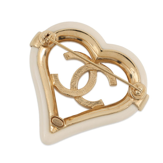 CHANEL CC Logo Heart Clover Brooch Gold/Ivory Metal Resin