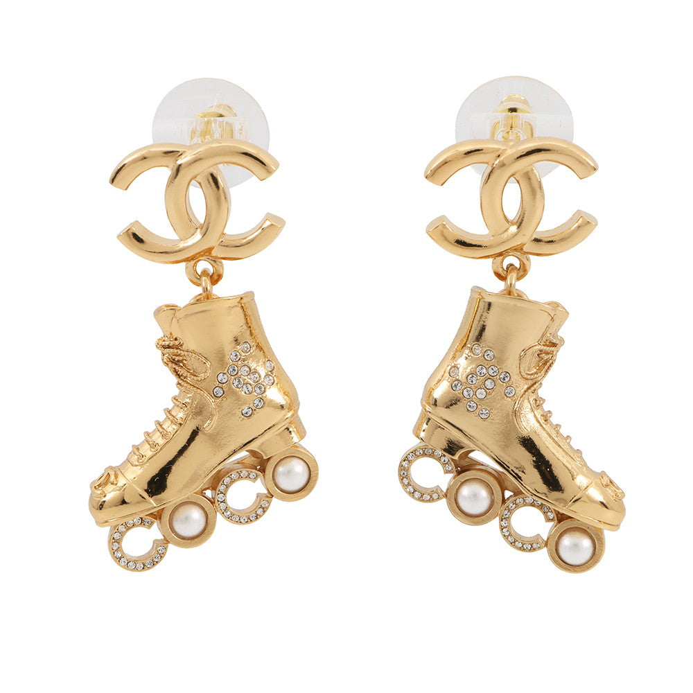 CHANEL CC Logo Roller Skate Earrings Gold Gold Plated Rhinestone Faux Pearl