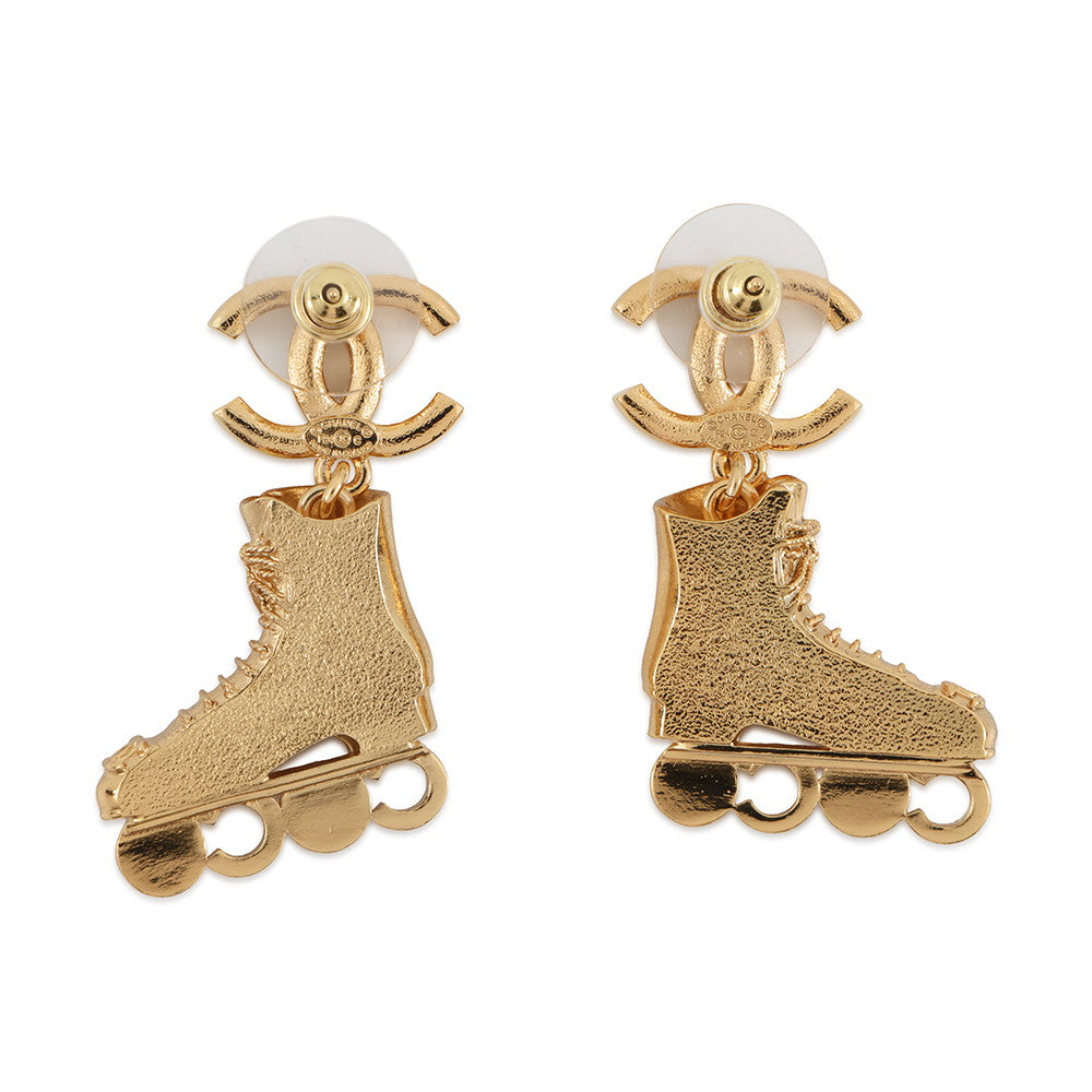 CHANEL CC Logo Roller Skate Earrings Gold Gold Plated Rhinestone Faux Pearl