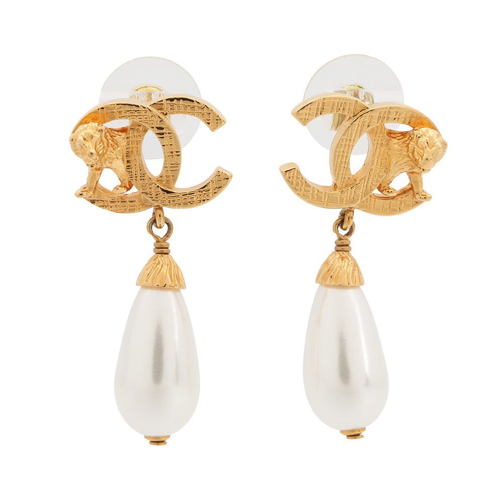 CHANEL Lion Motif Faux Pearl Drop Earrings Gold Plated Faux Pearl