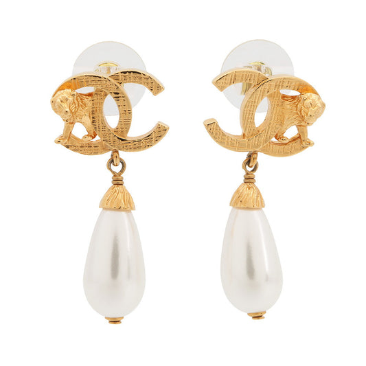 CHANEL Lion Motif Faux Pearl Drop Earrings Gold Plated Faux Pearl