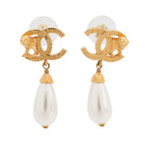 CHANEL Lion Motif Faux Pearl Drop Earrings Gold Plated Faux Pearl