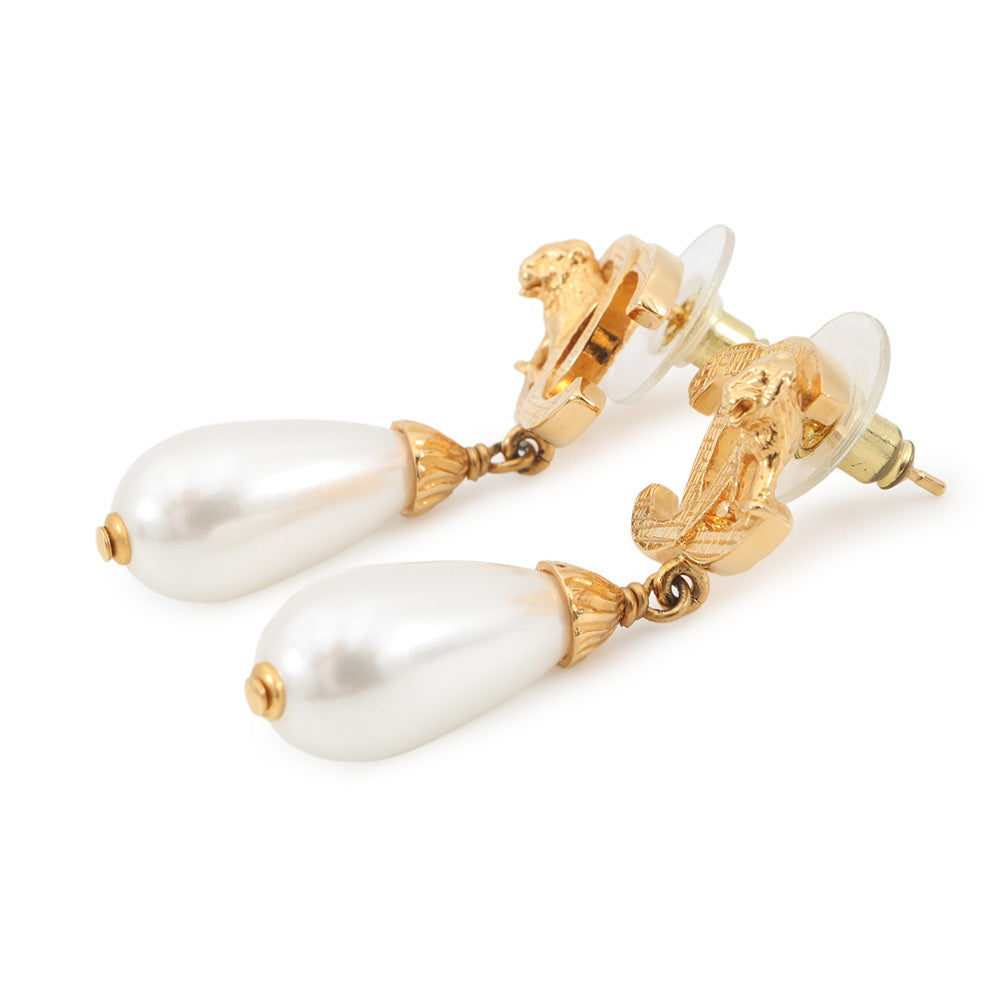CHANEL Lion Motif Faux Pearl Drop Earrings Gold Plated Faux Pearl