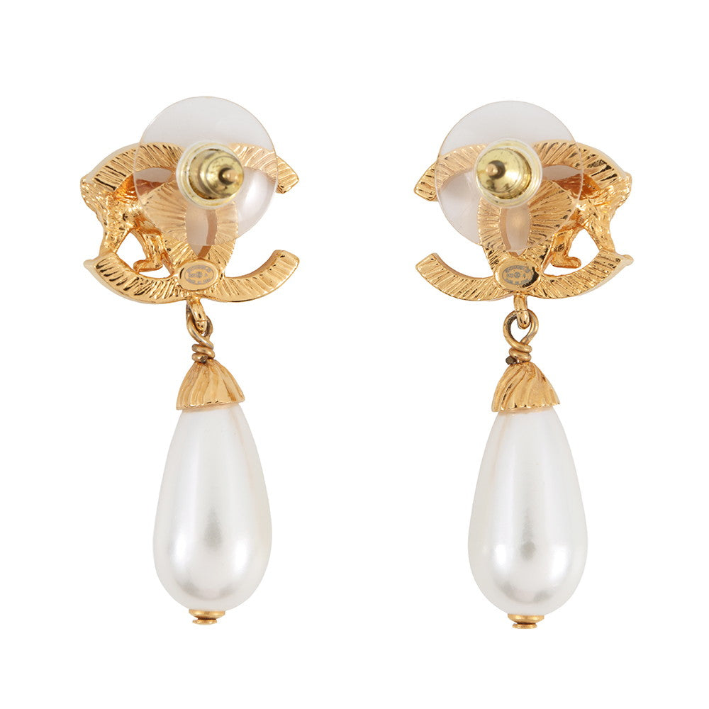 CHANEL Lion Motif Faux Pearl Drop Earrings Gold Plated Faux Pearl