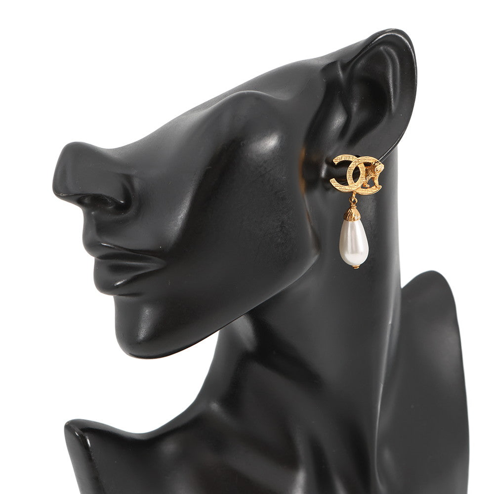 CHANEL Lion Motif Faux Pearl Drop Earrings Gold Plated Faux Pearl