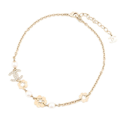 CHANEL Flower Motif Faux Pearl NecklaceABE962 Gold Plated Faux Pearl Rhinestone