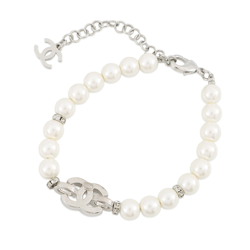 CHANEL CC Logo Bracelet SilverABF724 Metal Rhinestone Faux Pearl