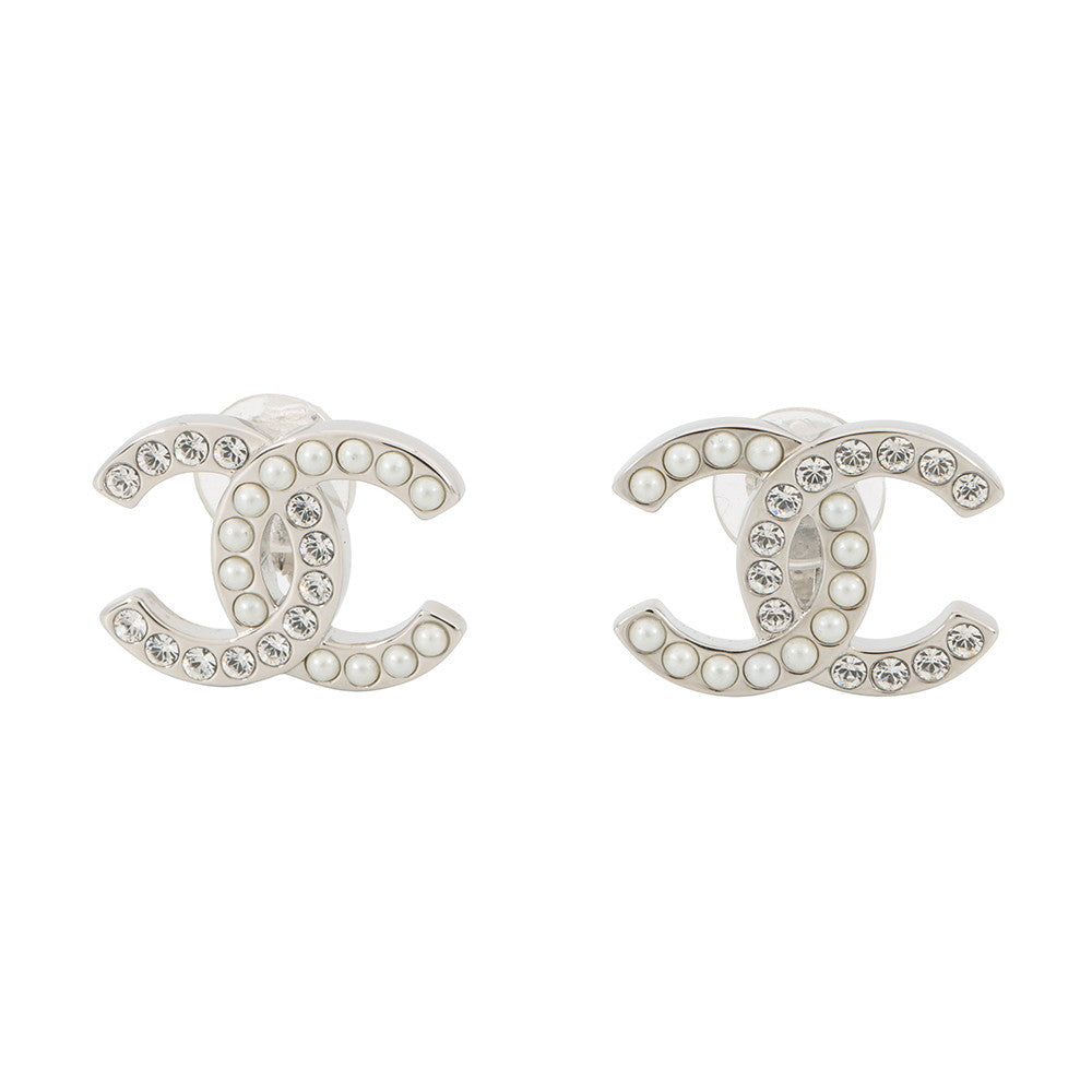 CHANEL CC Logo Rhinestone Pearl EarringABD478 Metal Rhinestone Faux Pearl