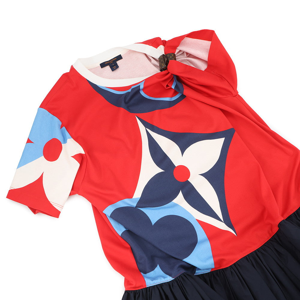 LOUIS VUITTON Game On Asymmetrical Baby Doll Dress Size S Red/Navy/Multicolor Cotton Nylon Polyurethane