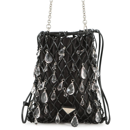 PRADA Bijoux Drawstring Bag ChainShoulder Bag Black Satin Leather