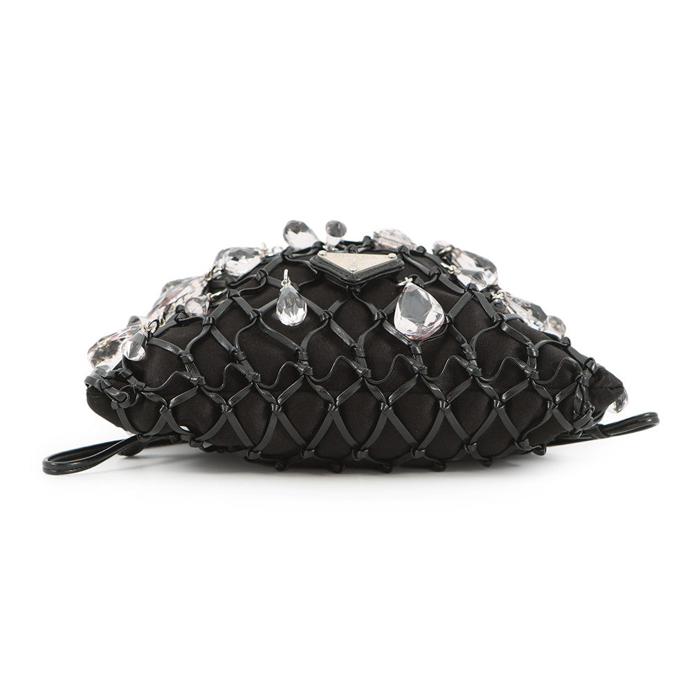 PRADA Bijoux Drawstring Bag ChainShoulder Bag Black Satin Leather