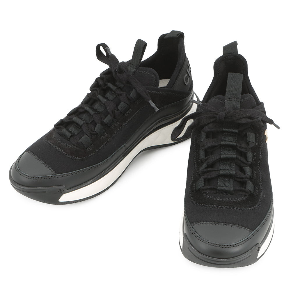 CHANEL CC Logo Low Cut Sneakers BlackG35617 Fabric Calf Leather Size 38