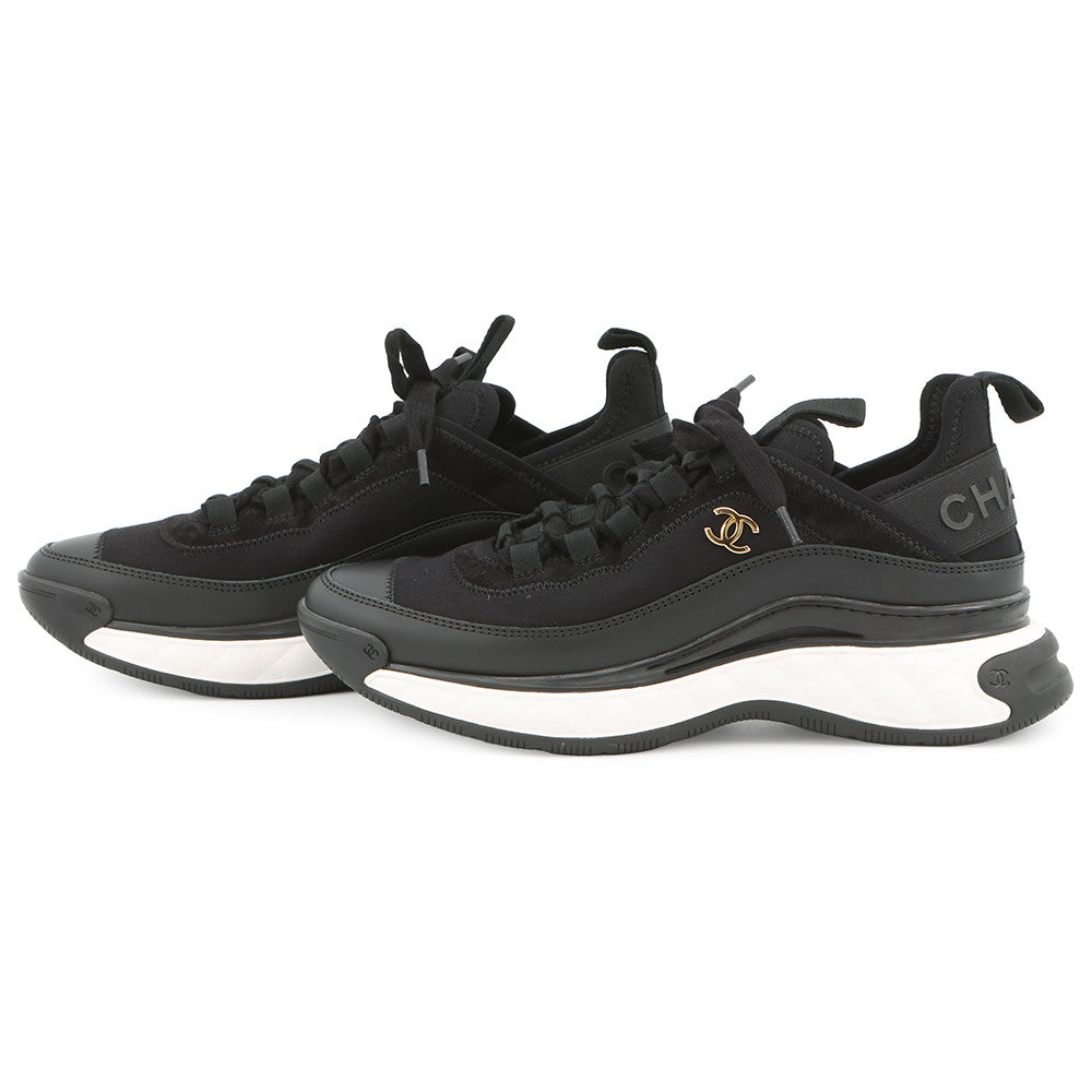CHANEL CC Logo Low Cut Sneakers BlackG35617 Fabric Calf Leather Size 38