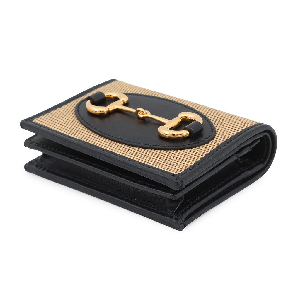 GUCCI Horsebit 1955 Compact Wallet Beige/Navy621887 Canvas/Leather