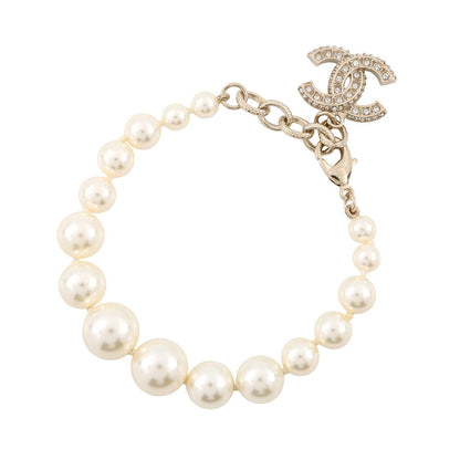 CHANEL CC Logo Faux Pearl Bracelet Metal Rhinestone Faux Pearl