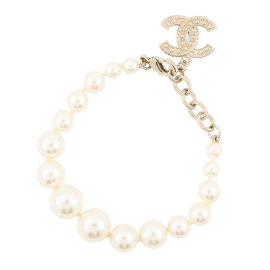 CHANEL CC Logo Faux Pearl Bracelet Metal Rhinestone Faux Pearl