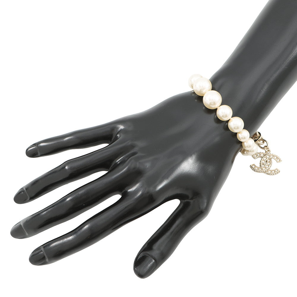 CHANEL CC Logo Faux Pearl Bracelet Metal Rhinestone Faux Pearl
