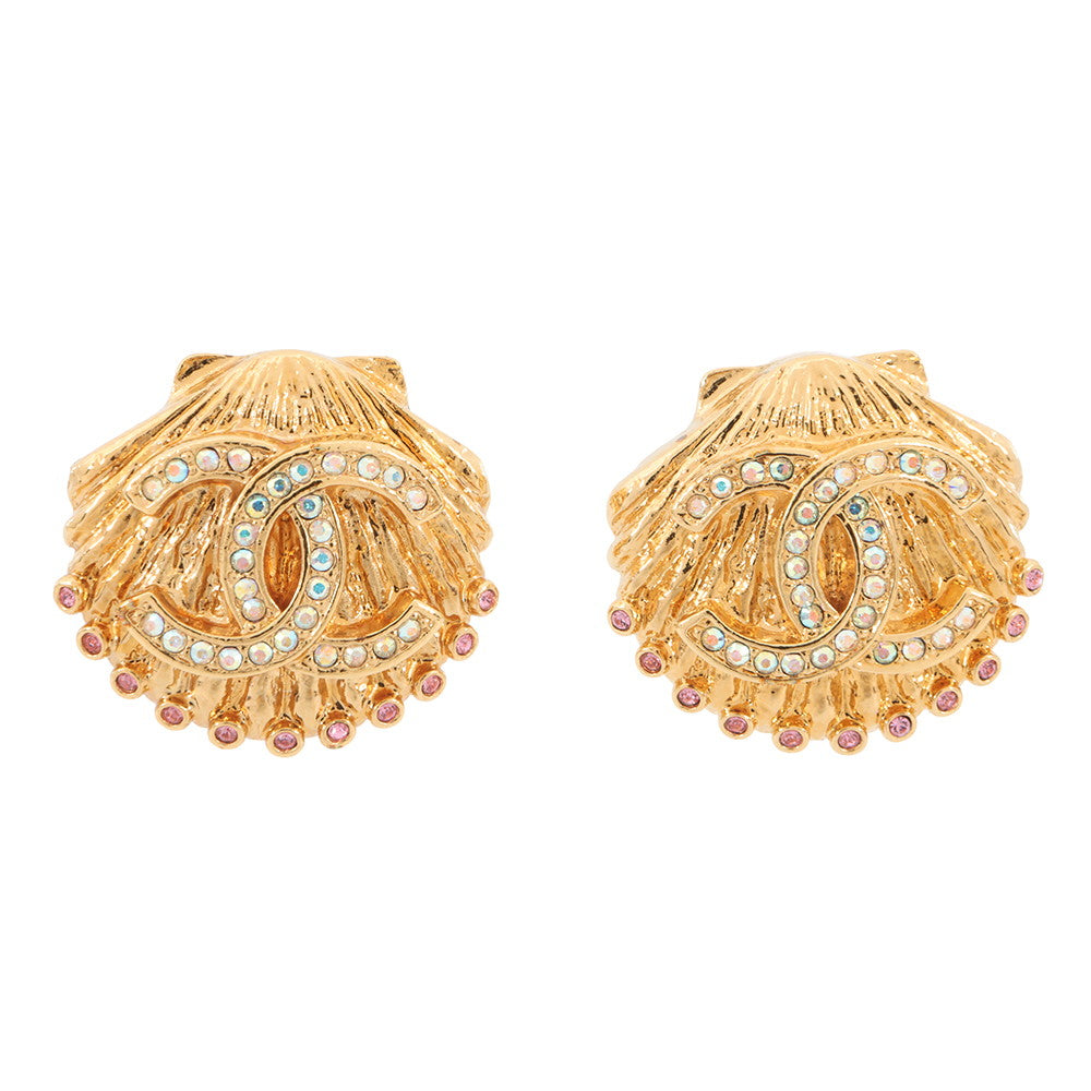 CHANEL Shell Motif Earrings Gold Metal Rhinestone