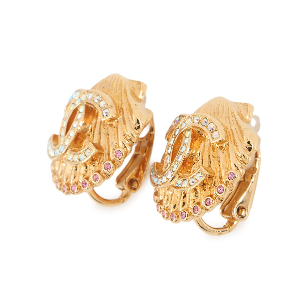 CHANEL Shell Motif Earrings Gold Metal Rhinestone