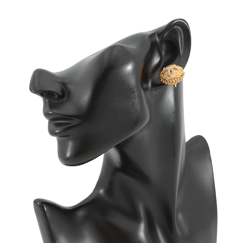 CHANEL Shell Motif Earrings Gold Metal Rhinestone