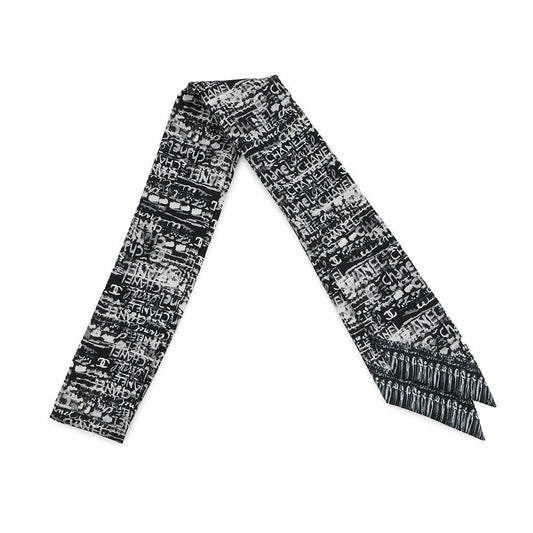 CHANEL Logo scarf Black/White Silk100%