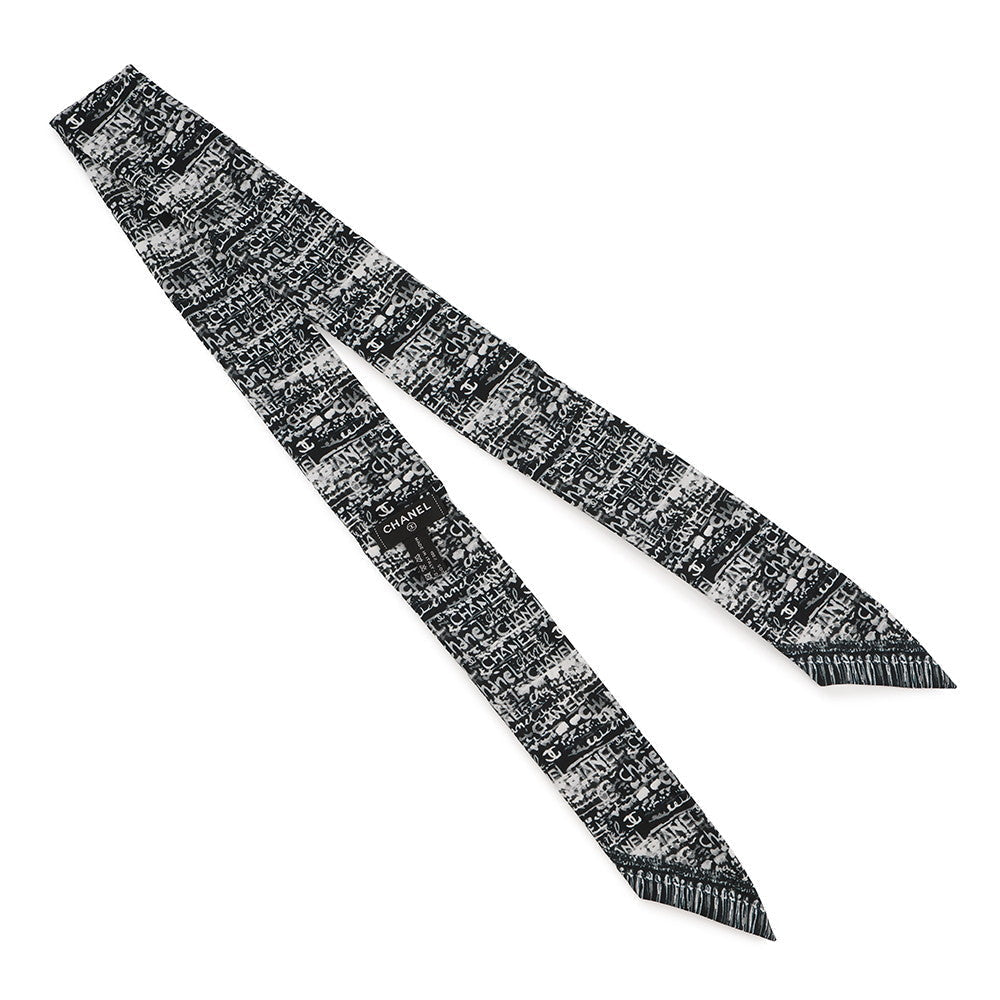 CHANEL Logo scarf Black/White Silk100%