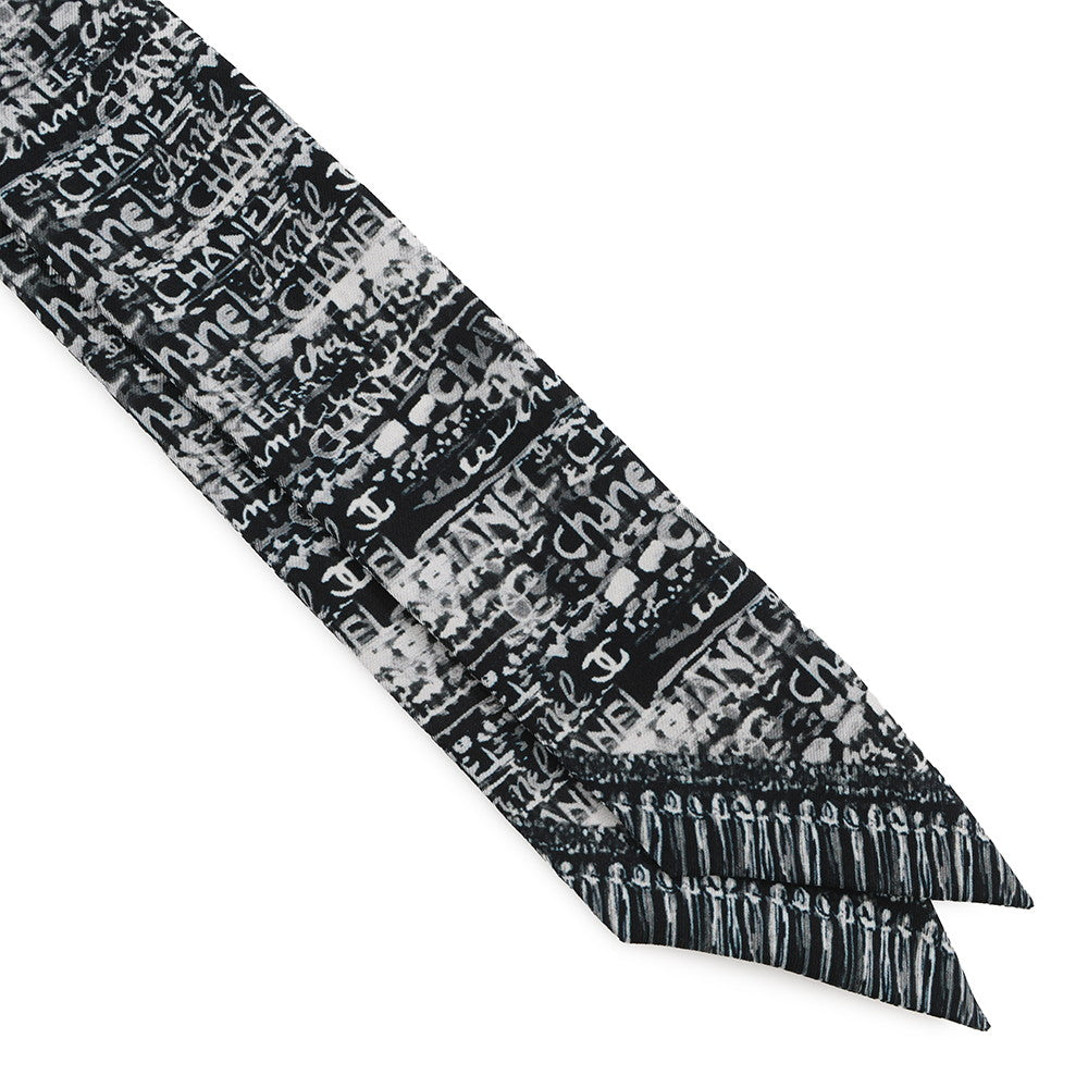CHANEL Logo scarf Black/White Silk100%