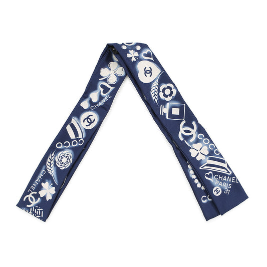 CHANEL Scarf CC Logo Icon motif Navy/White Silk100%