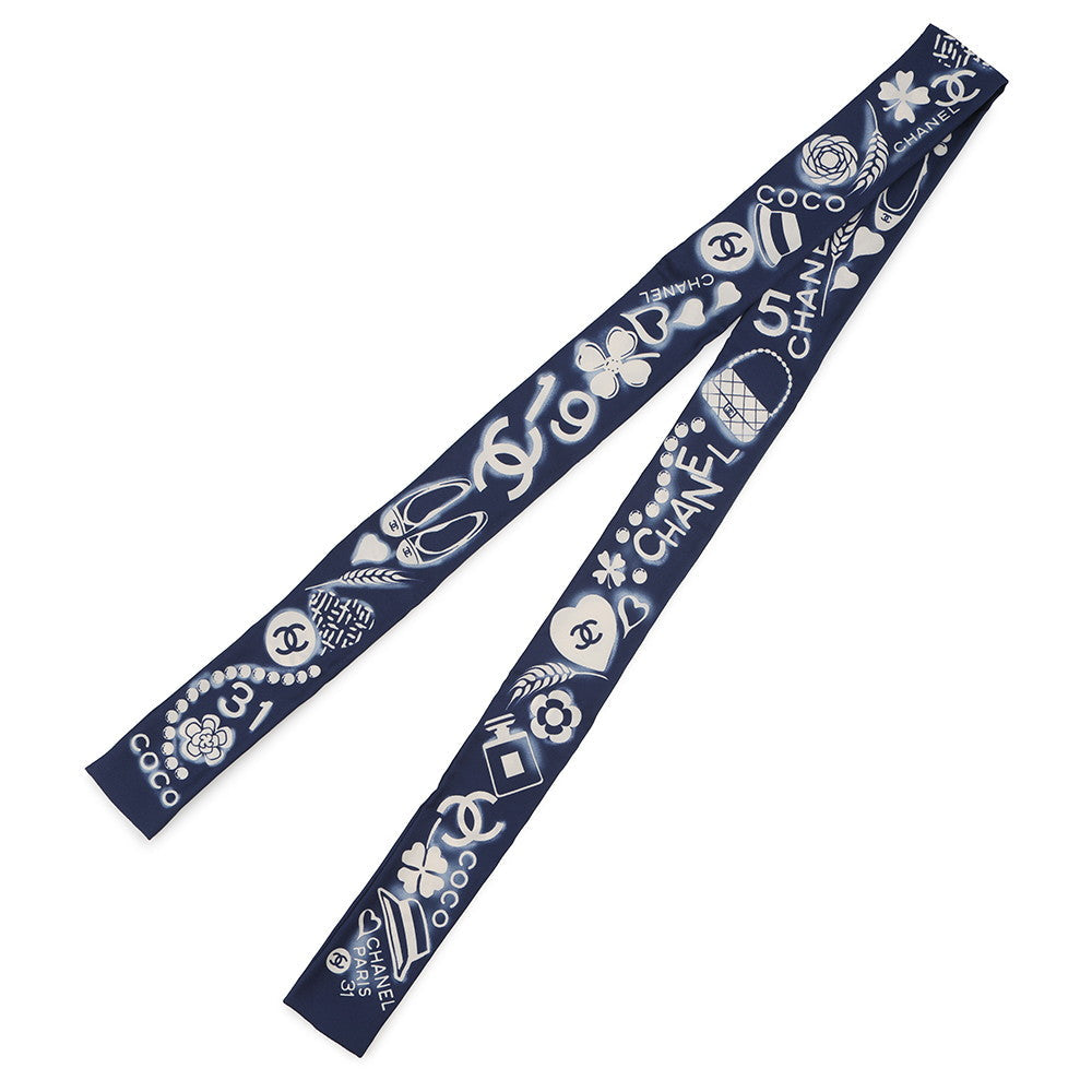 CHANEL Scarf CC Logo Icon motif Navy/White Silk100%