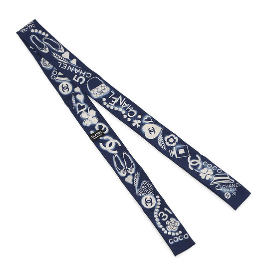 CHANEL Scarf CC Logo Icon motif Navy/White Silk100%