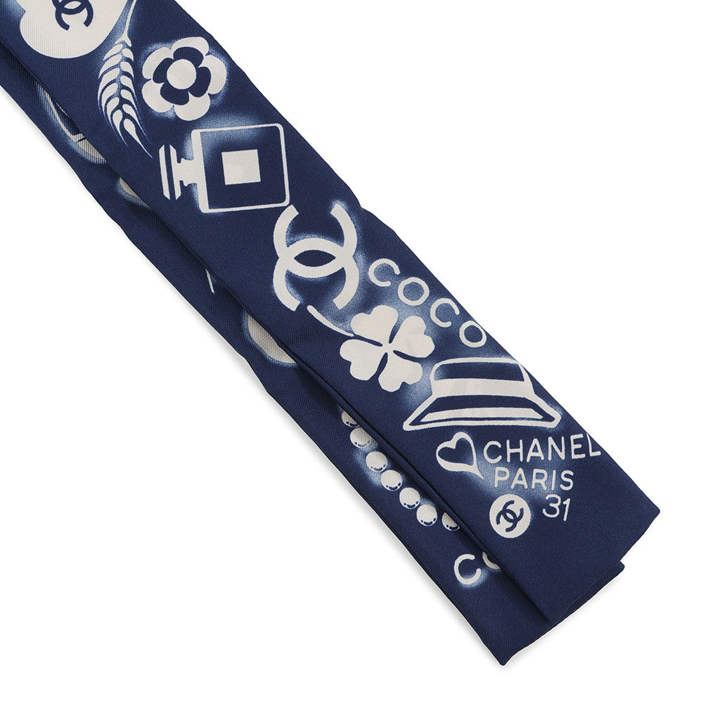 CHANEL Scarf CC Logo Icon motif Navy/White Silk100%