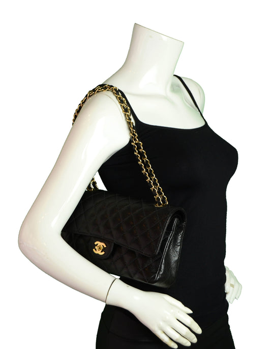 Chanel Black Caviar Leather 10" Medium Double Flap Classic Bag
