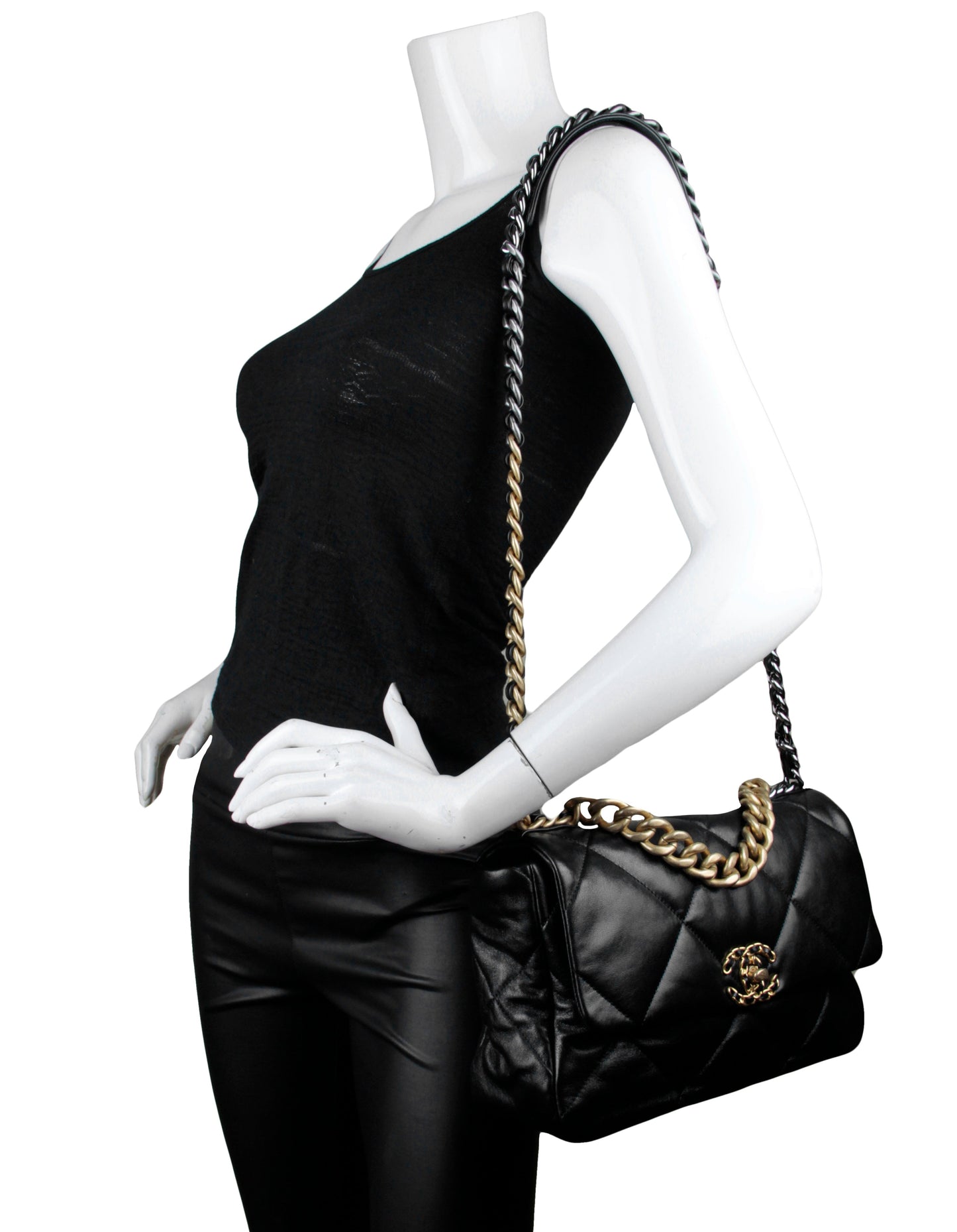 Chanel Black Calfskin Leather Quilted Large 19 Bag