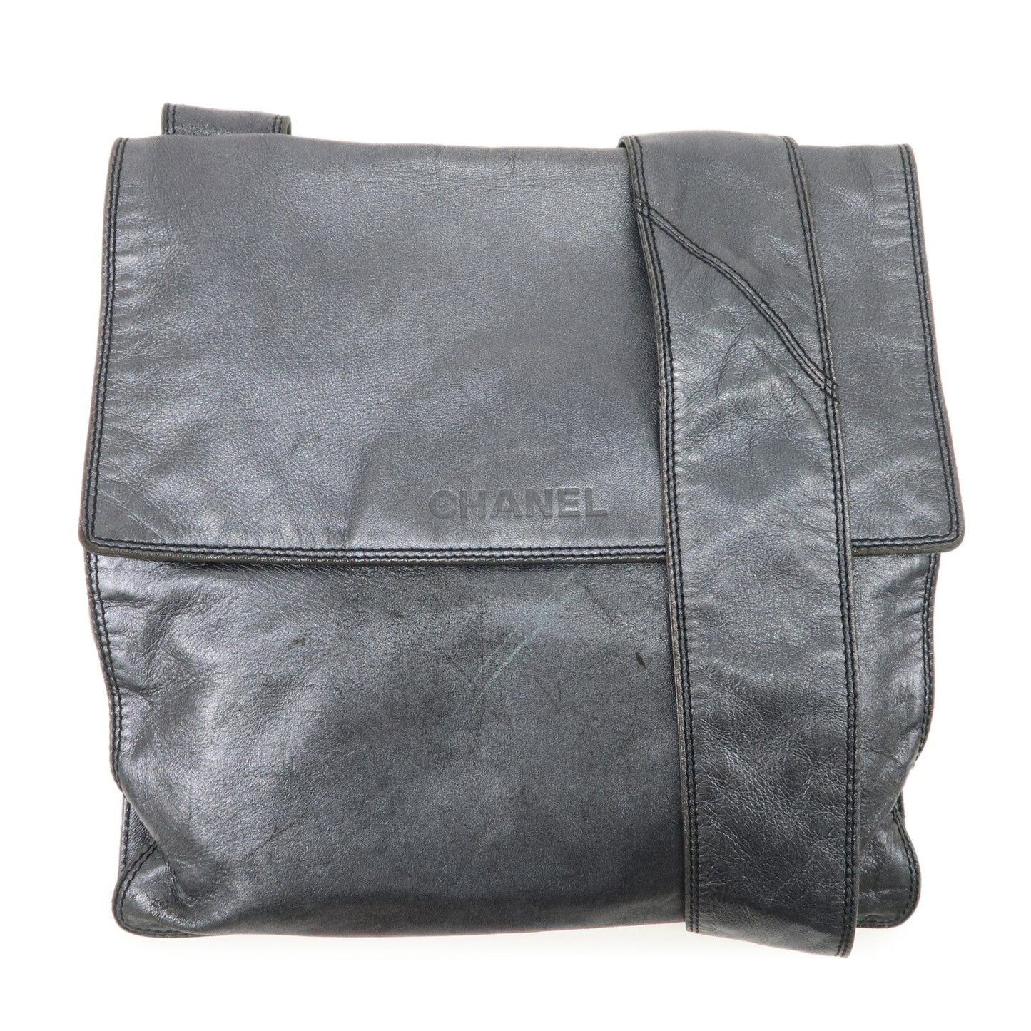 CHANEL Leather Shoulder Bag Crossbody Bag Metallic Blue